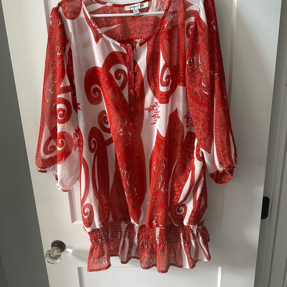 Elegant Red and White Women's Blouse
